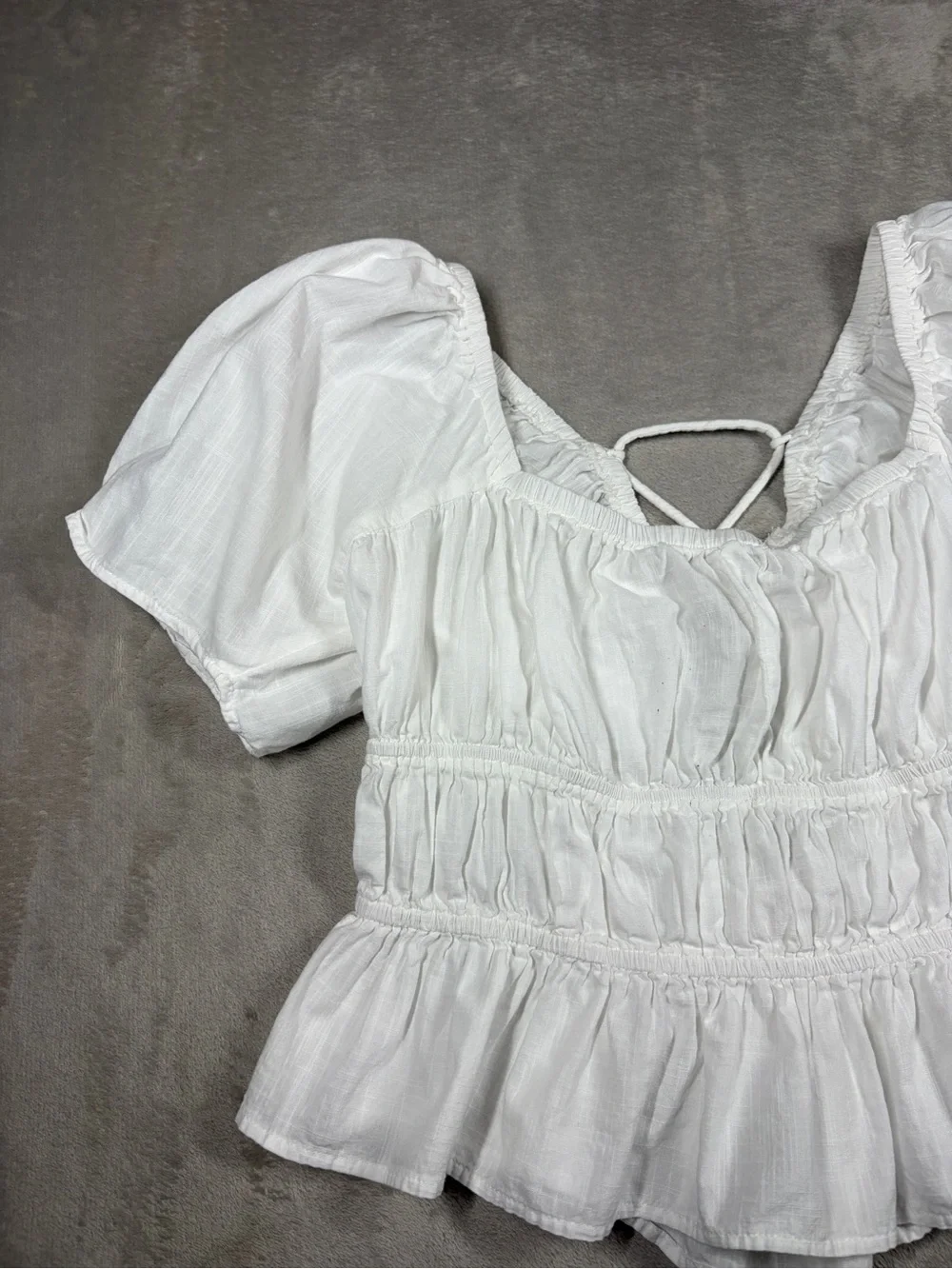 Free People White 100% Cotton Cropped Puff Sleeve Lace Up Blouse Top Size Large